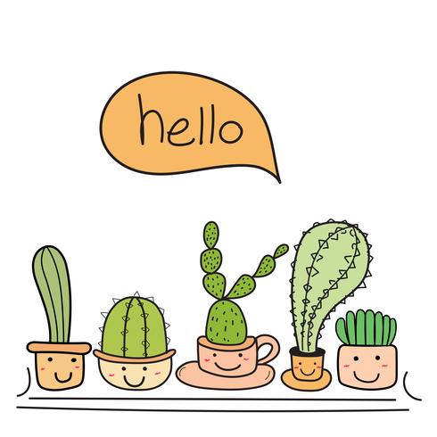 Lindo cactus con cara feliz saluda. conjunto de ilustración vectorial. vector