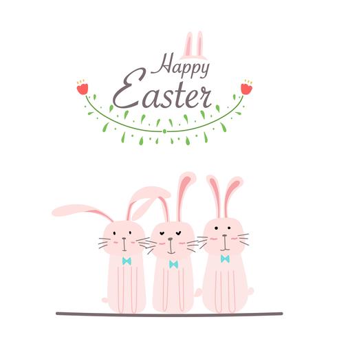 Happy Easter Greeting Card. Hand Drawn Bunny And Flower Element Design Vector Illustration.