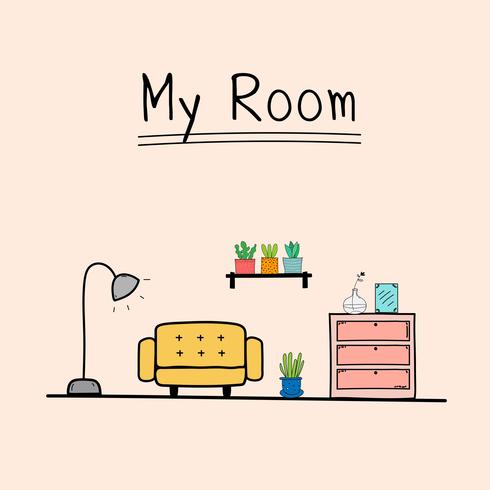 My Room. Doodle Living Room Vector Illustration.