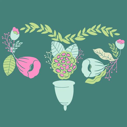 women's menstrual cup with flowers in handdrawn style. Lettering -I love my cup vector