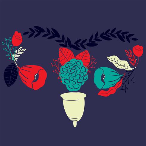 Copa menstrual de mujer con flores en estilo handdrawn. Letras - me encanta mi copa vector