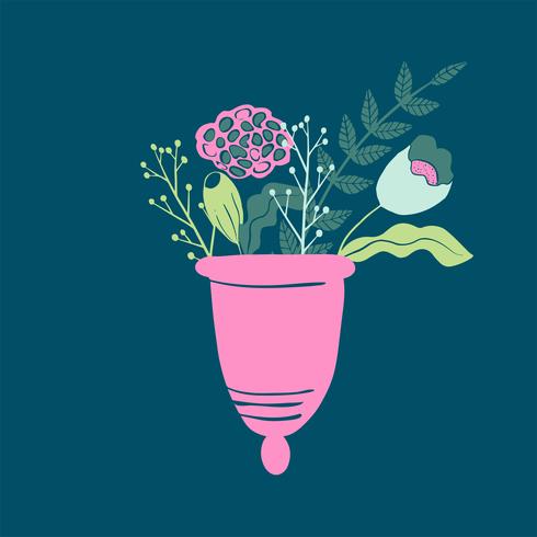 women's menstrual cup with flowers in handdrawn style. Lettering -I love my cup vector