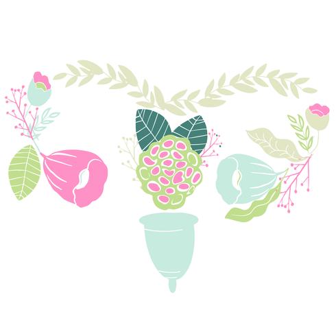 women's menstrual cup with flowers in handdrawn style. Lettering -I love my cup vector