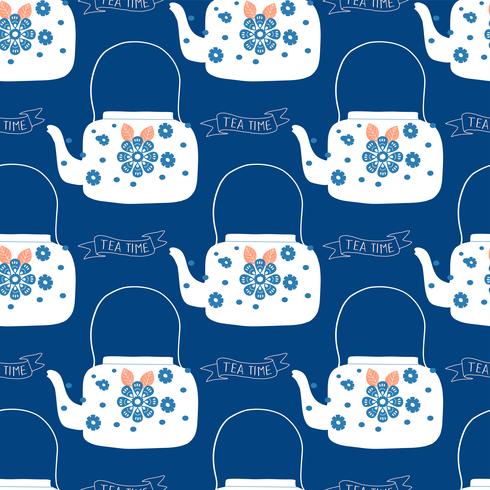 folk art tea pot with flower block print vector illustration
