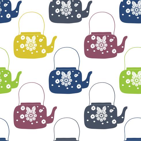 folk art tea pot with flower block print vector illustration