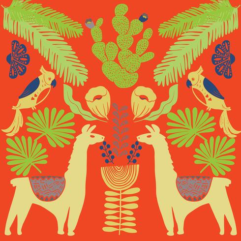 Illustration with llama and cactus plants. Vector seamless pattern on botanical background. Greeting card with Alpaca. 