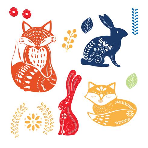 folk art pattern with bunnies, fox and flowers  vector