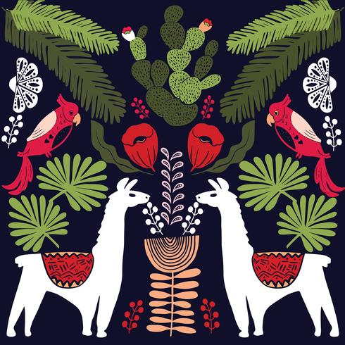 Illustration with llama and cactus plants. Vector seamless pattern on botanical background. Greeting card with Alpaca. 