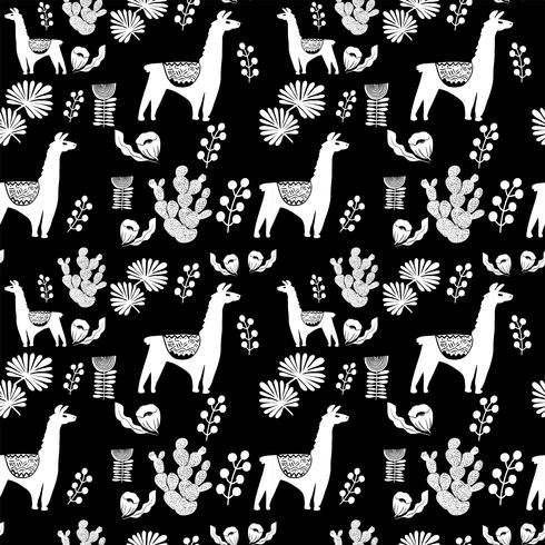 Illustration with llama and cactus plants. Vector seamless pattern on botanical background. Greeting card with Alpaca. Seamless pattern