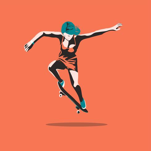 Stylish girl skater in jeans and sneakers. Skateboard. Vector illustration for a postcard or a poster, print for clothes. Street cultures.