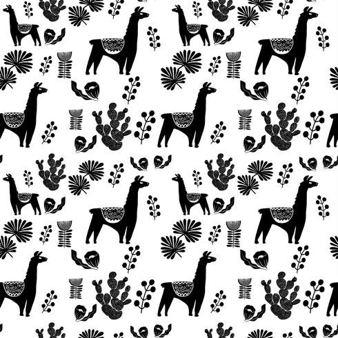 Illustration with llama and cactus plants. Vector seamless pattern on botanical background. Greeting card with Alpaca. Seamless pattern