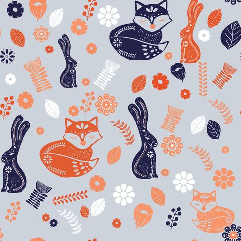 Scandinavian folk art pattern with bunnies, fox and flowers  vector