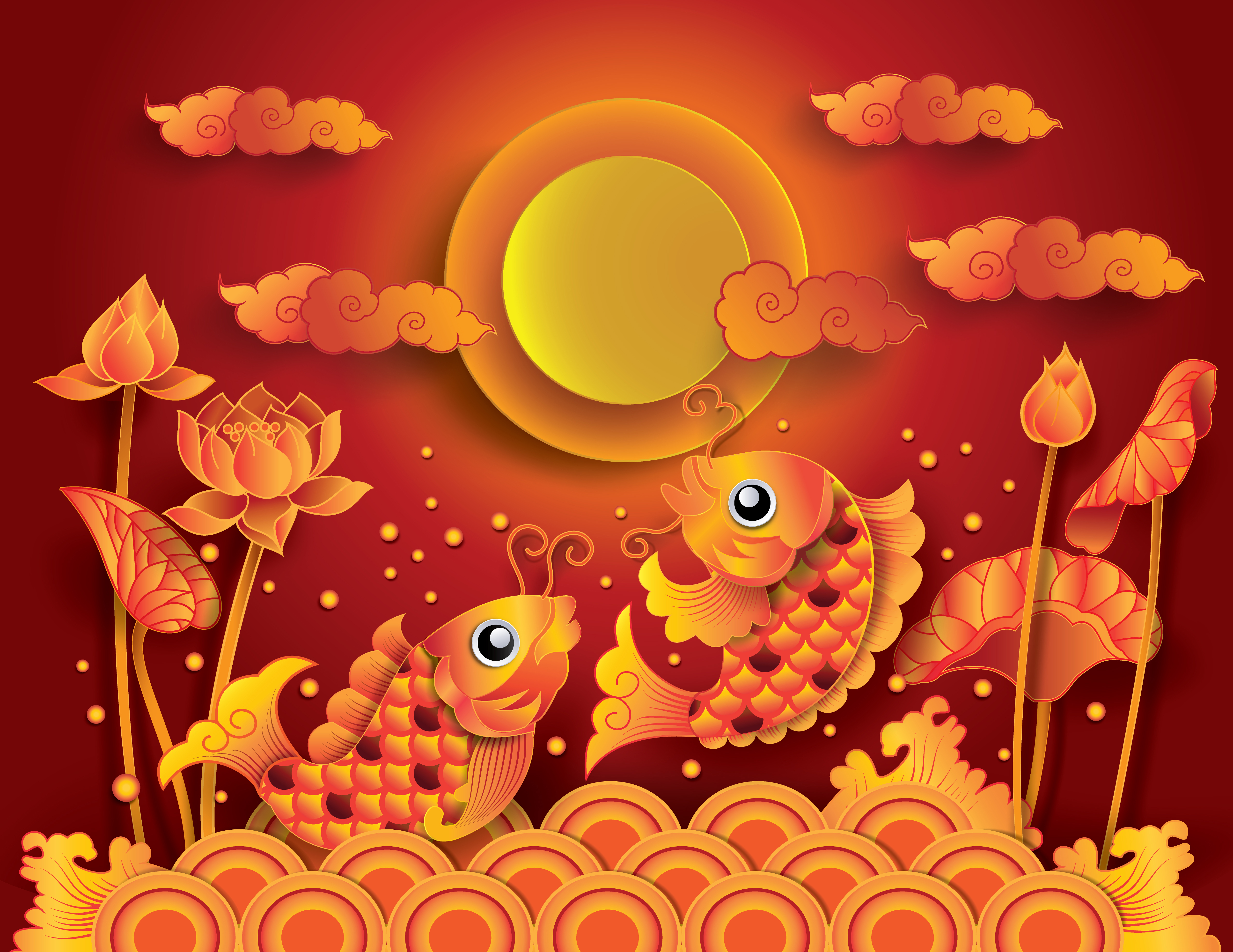 Download Golden koi fish with fullmoon 585599 Vector Art at Vecteezy