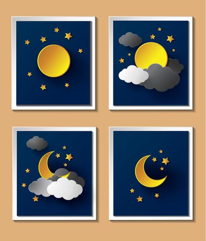 Tiempo de papel abstracto con la luna al anochecer. vector