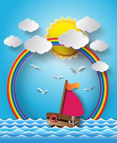 Sailing boat and cloud with rainbow. vector