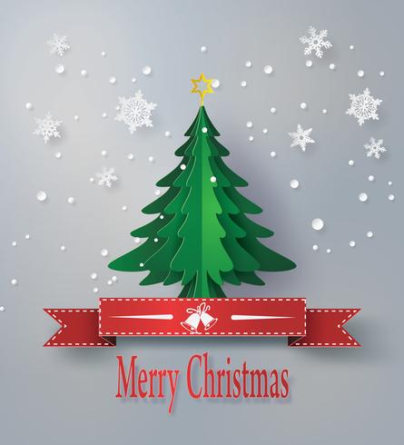 merry christmas greeting card with origami made christmas tree vector