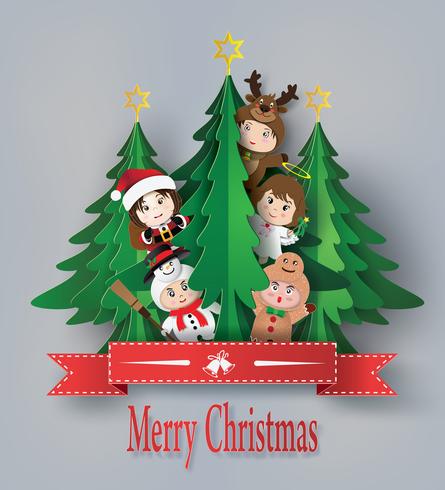 merry christmas greeting card with children vector