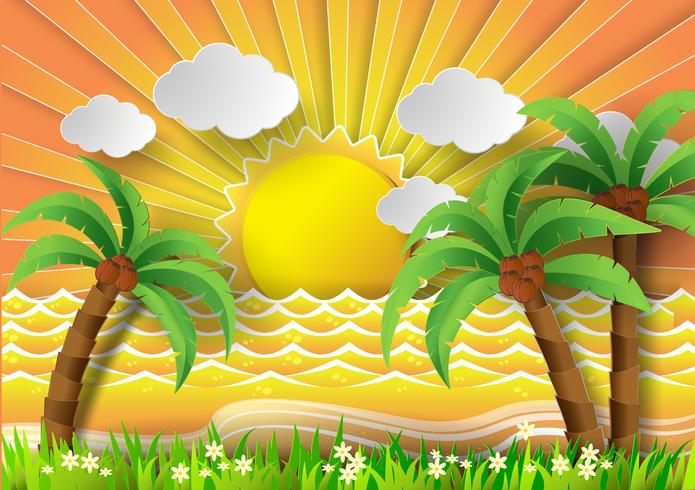 Coconut trees on the beach with sunbream. vector