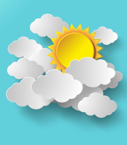 Vector sun with clouds background.