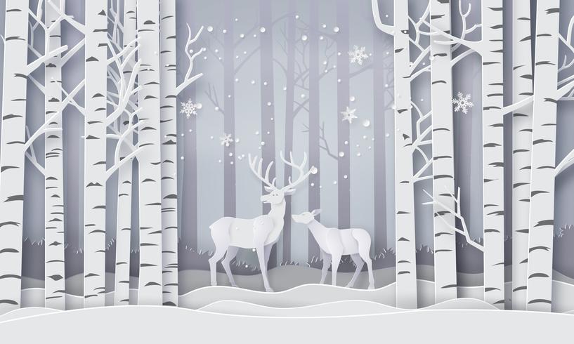 Deer in forest with snow. vector