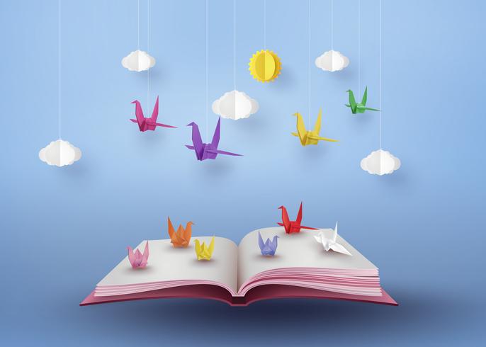 origami made colorful paper bird flying over open book  vector