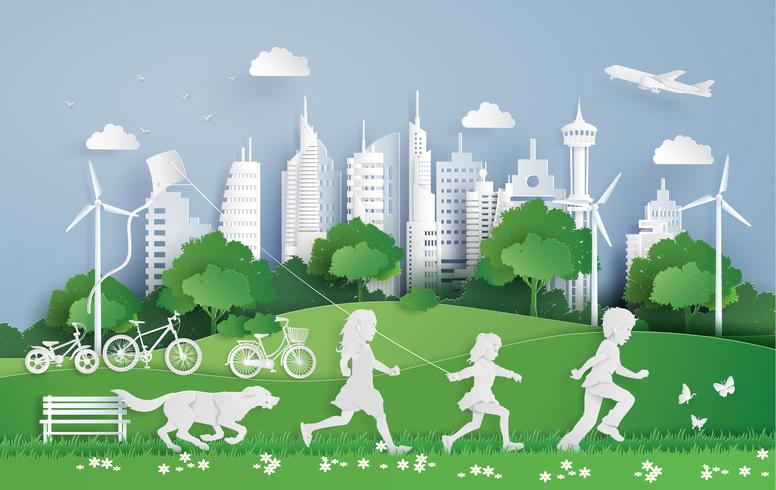 children running in the city park vector