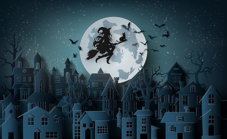 Witch riding a broom flying in the sky over the abandoned village vector