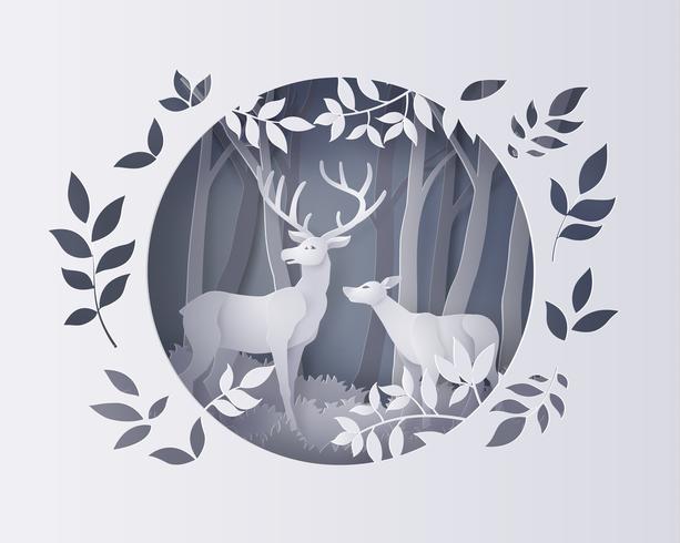 Deer in forest with snow. vector