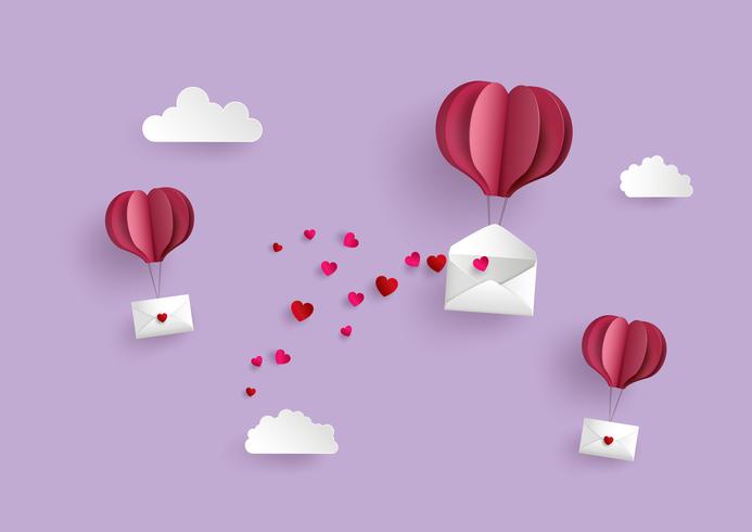 Paper hot air balloon heart shape hang envelope floating on the sky vector