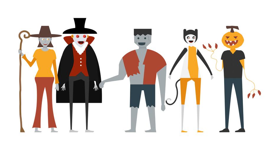 Minimal scene for halloween day, 31 October, with monsters that include dracula, pumpkin man, frankenstein, cat, witch woman. Vector illustration isolated on white background.