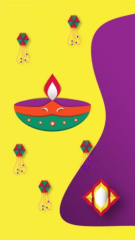 Diwali es un festival de luces de hindú para el fondo de invitación, banner web, publicidad. Diseño de ilustración vectorial en papel cortado y estilo de arte. vector