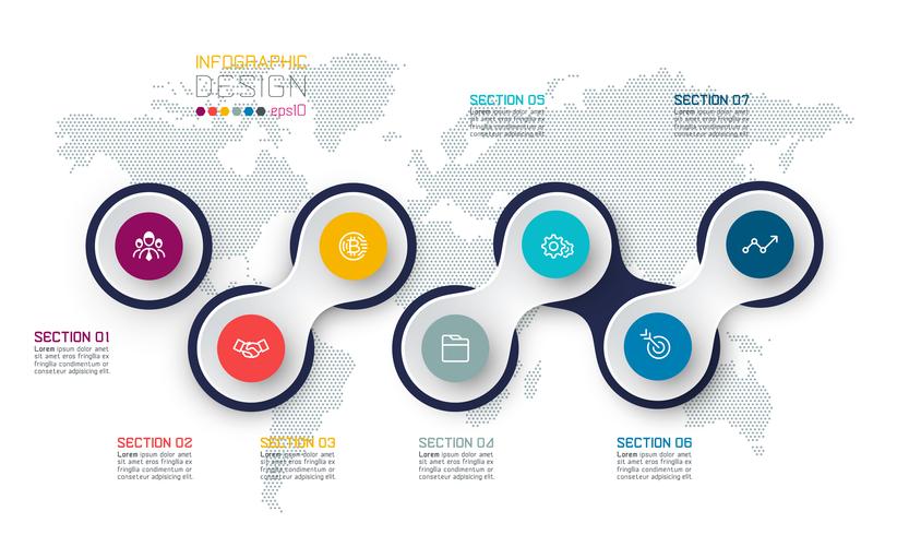 Círculo vinculado con infografías de iconos de negocios en el fondo del mapa del mundo. vector