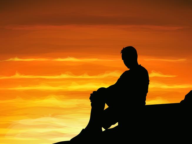 Silhouette lonely man sitting alone when twilight. vector