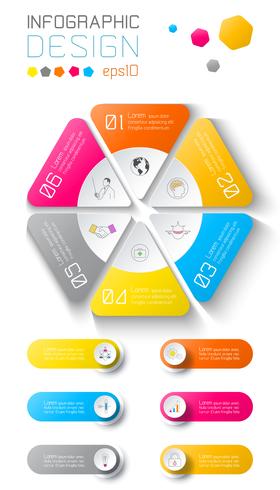 Infografía de negocios en el fondo del mapa del mundo con 6 etiquetas en círculo hexagonal. vector