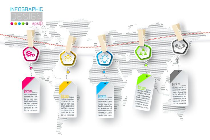 Infografía de negocios con 5 pasos colgando de la ropa. vector