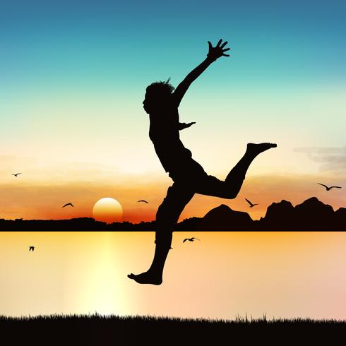Happy girl jumping, on silhouette art. vector
