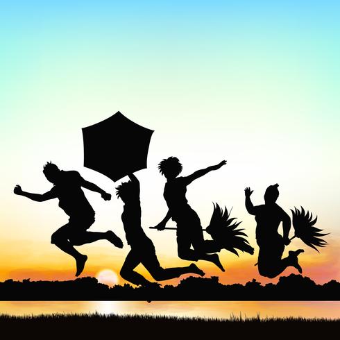 Happy girls are jumping, on silhouette art. vector