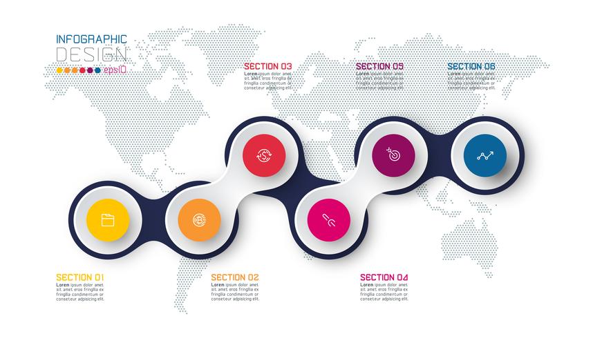 Círculo vinculado con infografías de iconos de negocios en el fondo del mapa del mundo. vector