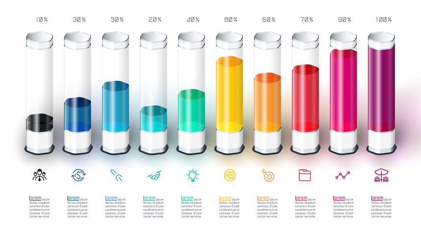 Infografía del gráfico de barras con el tubo de cristal colorido 3d. vector