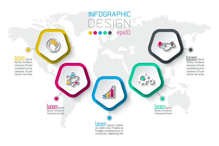 Pentágonos etiqueta infografía con 5 pasos. vector