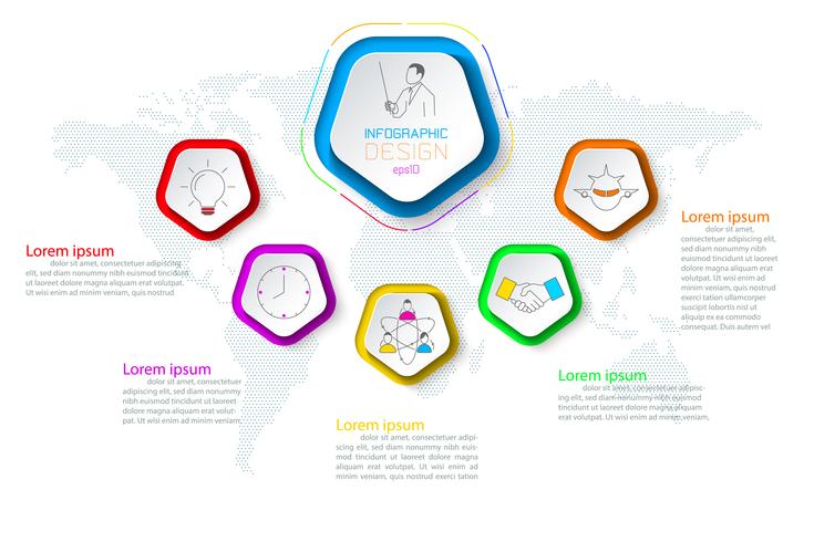 Pentágonos etiqueta infografía con 6 pasos. vector