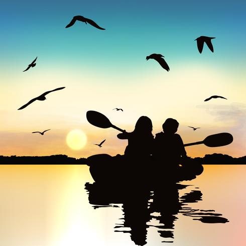 Silhouette of funny girls kayaking. vector