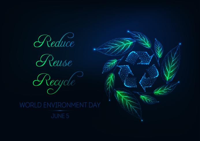 Futuristic world environment day web banner with recycling sign, green leaf wreath and slogan vector