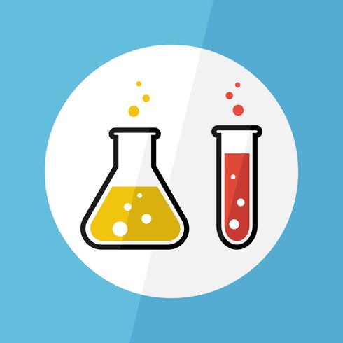 Sustancia química en matraz y probeta. Diseño plano . Concepto cientifico vector