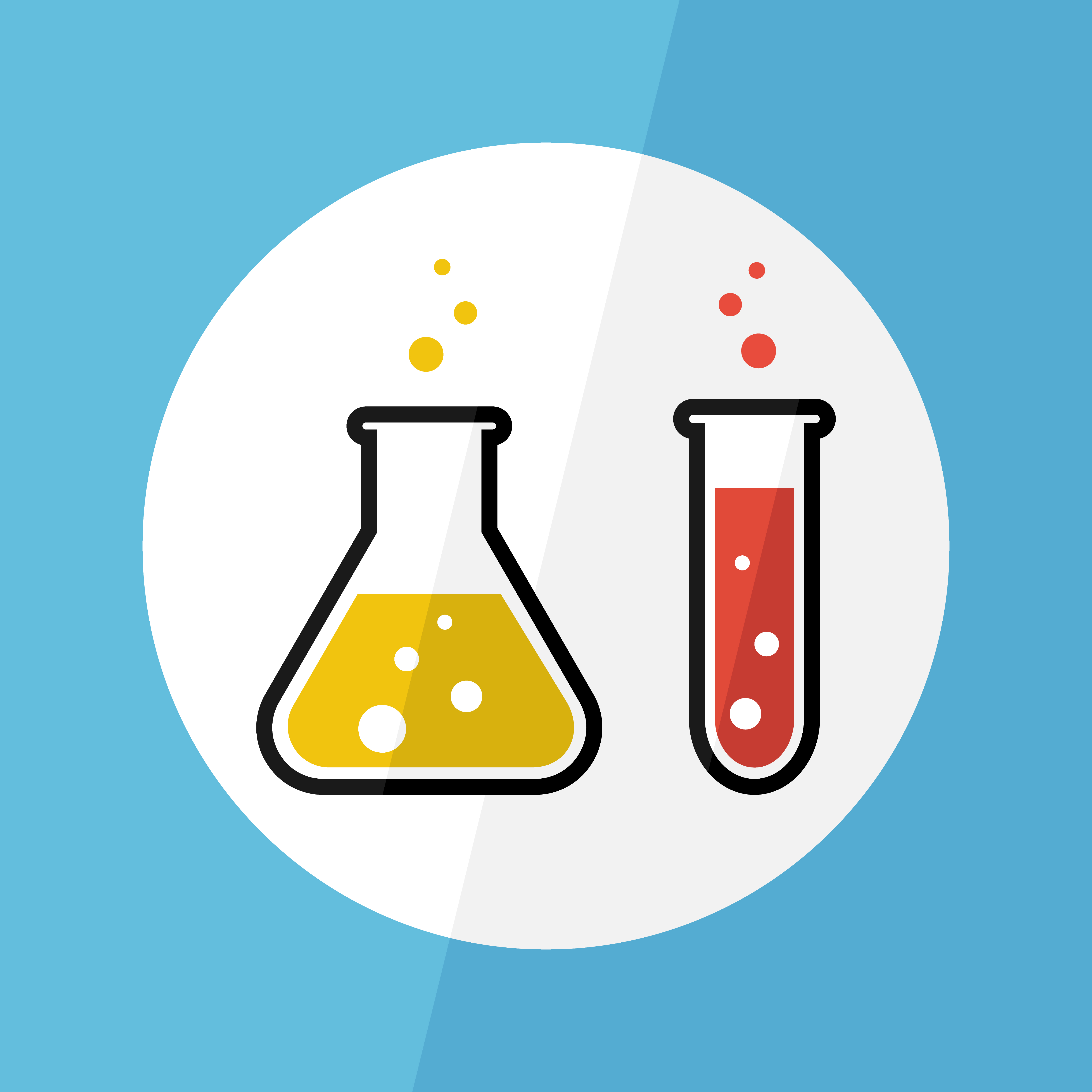 Chemical substance in flask and test tube . Flat design . Scientific