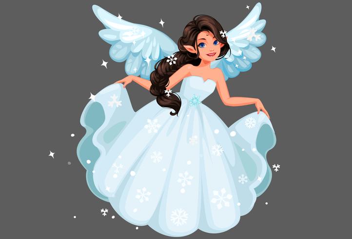 Beautiful cute snow fairy with long braided hairstyle holding her long snowy dress vector