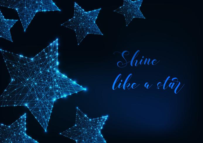 Estrellas brillantes hechas de líneas, puntos, triángulos y texto vector