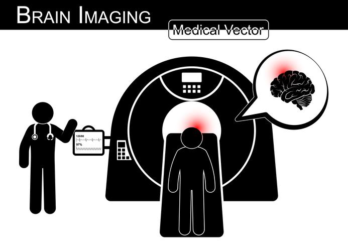 Brain Imaging .  Patient lie on CT scanner for diagnosis of brain disease  vector