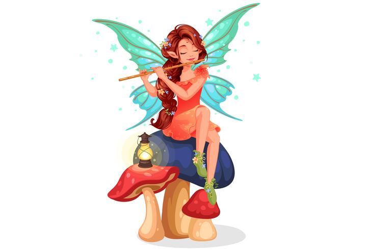 Beautiful fairy playing flute vector