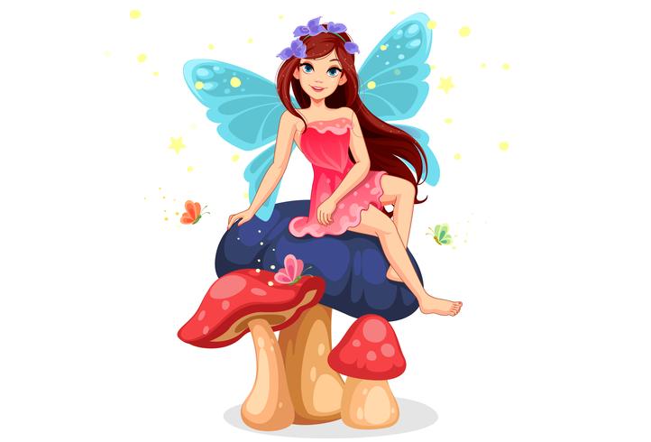 cute little fairy sitting on the mushroom vector